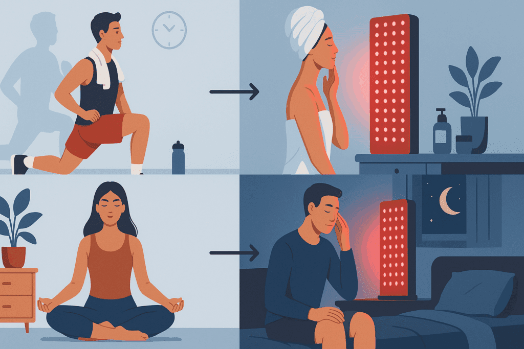 Daily routine infographic showing red light therapy used after exercise for muscle recovery, during meditation, and before sleep.