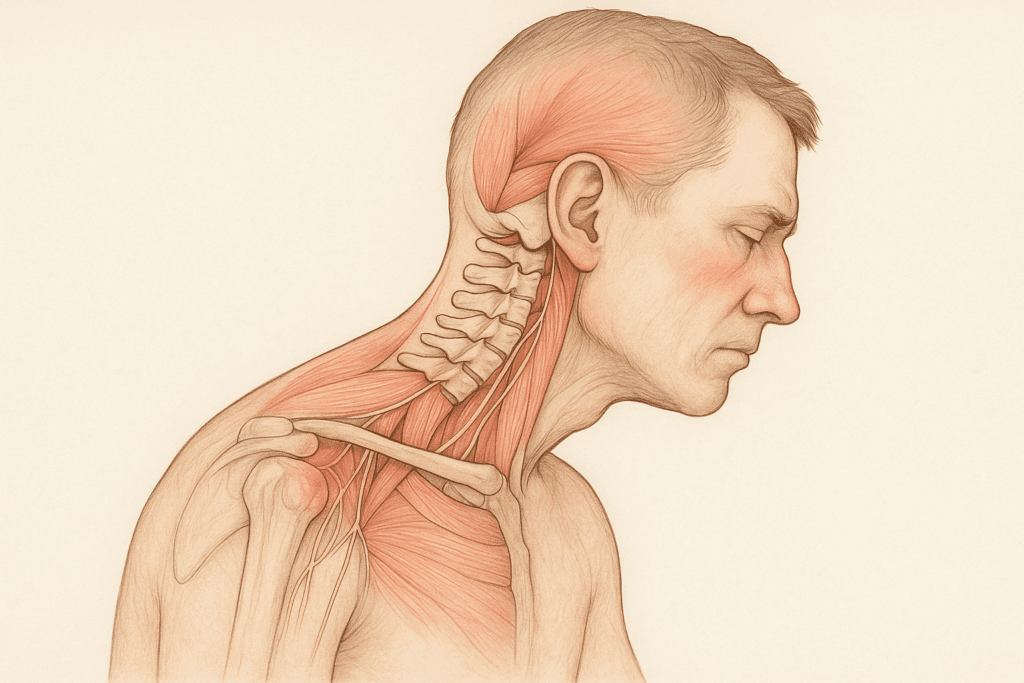 Medical illustration of poor posture and cervical spine inflammation highlighting pain points—ideal for explaining Red Light Therapy for Neck Pain.