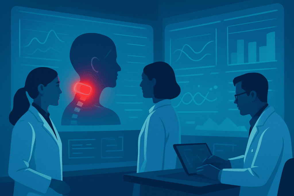 Clinicians analyzing futuristic data visuals in a lab during a study on Red Light Therapy for Neck Pain" Let me know if you'd like variations or a version tailored for a caption instead