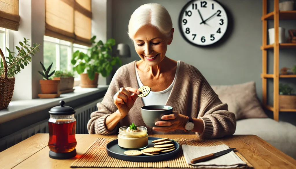 Senior woman enjoying an afternoon snack to support lasting energy with the best energy foods for seniors