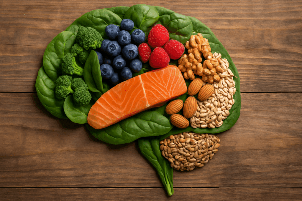 Human brain shape made of leafy greens, berries, salmon, nuts, and whole grains symbolizing focus vitamins for adults