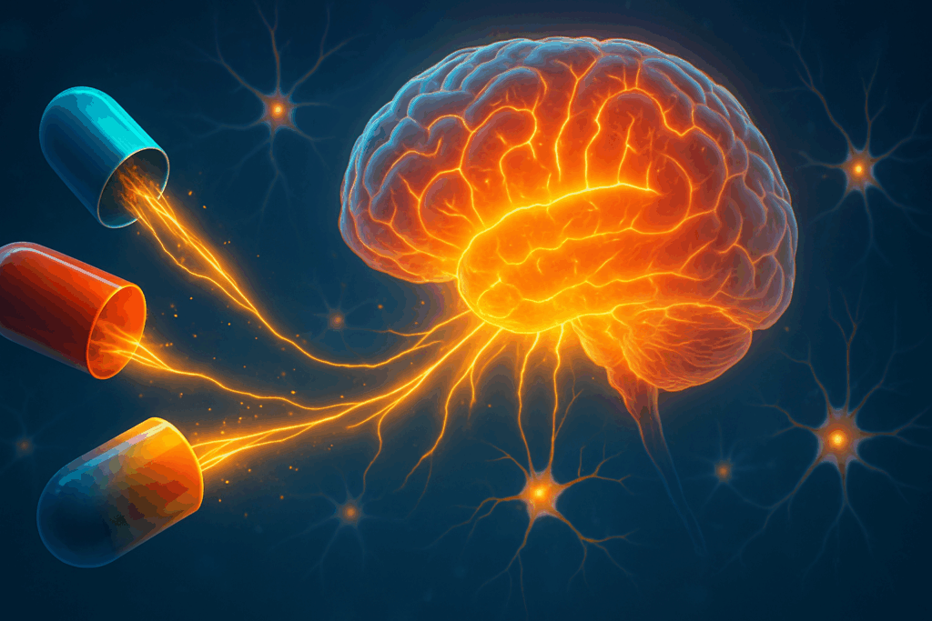 Colorful capsules releasing golden light that connects to neurons in a glowing brain, symbolizing enhanced cognition from focus vitamins for adults.