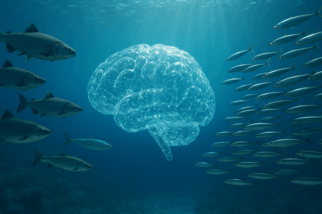 Transparent brain made of water molecules surrounded by salmon and sardines underwater, symbolizing brain nourishment from omega-3s and focus vitamins for adults.
