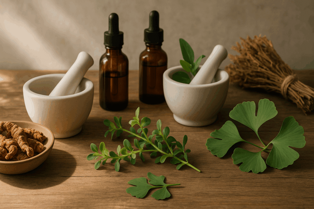 Herbal apothecary table with Rhodiola roots, Bacopa leaves, Ginkgo biloba, amber tincture bottles, and mortar and pestles—natural sources often used in focus vitamins for adults.