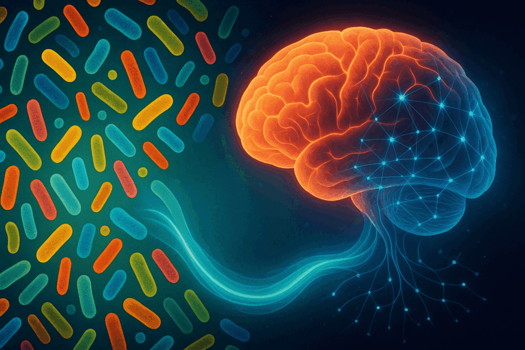 Colorful gut microbiota linked to a glowing brain with neural pathways, symbolizing the gut-brain axis and the effects of focus vitamins for adults.