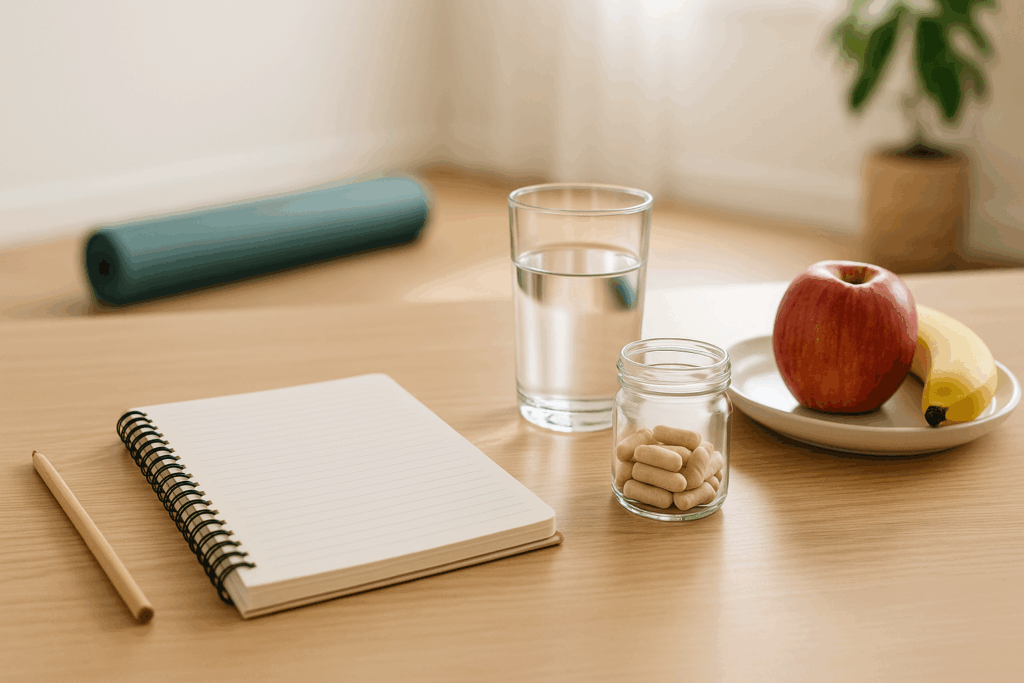 Minimalist desk with a notebook, glass of water, fresh fruit, and jar of focus vitamins for adults, set in a bright, wellness-focused workspace.
