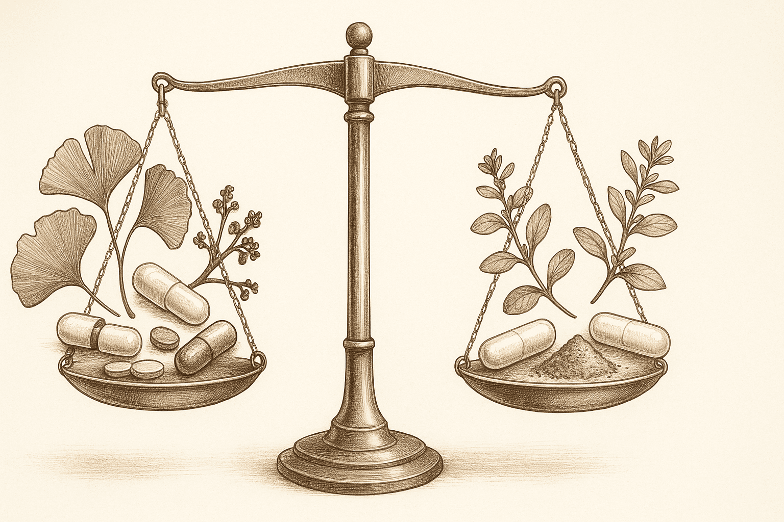 Balance scale comparing ginkgo biloba and huperzine A to bacopa monnieri and L-theanine, visualizing an Alpha Brain alternative.
