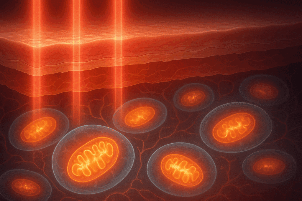 Red Light Treatment beams penetrating skin layers to reach mitochondria, stimulating cellular energy and ATP production.