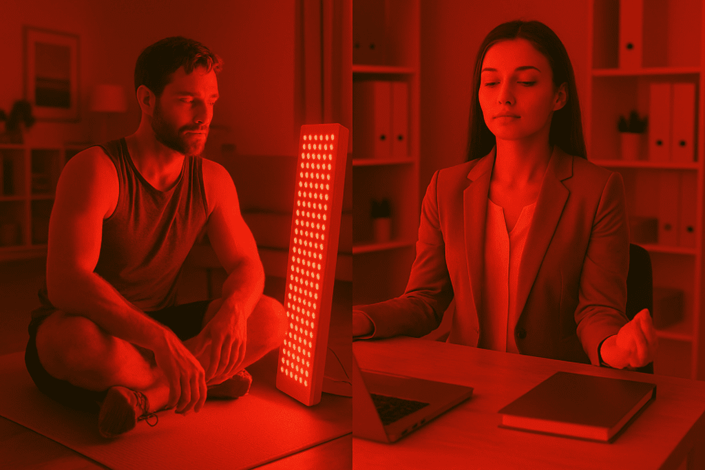 Athlete using Red Light Treatment panel post-workout beside a professional meditating under red light in office, showing recovery and focus.