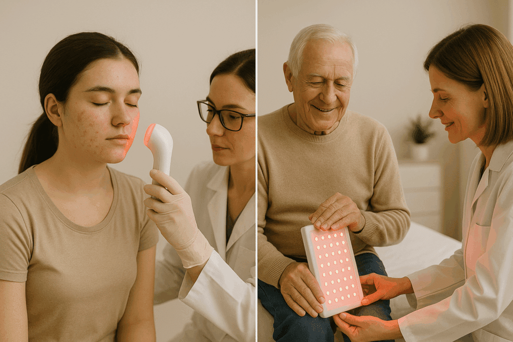 Dermatologist applying red light treatment for acne and elderly man receiving red light therapy for joint pain in a clinical setting