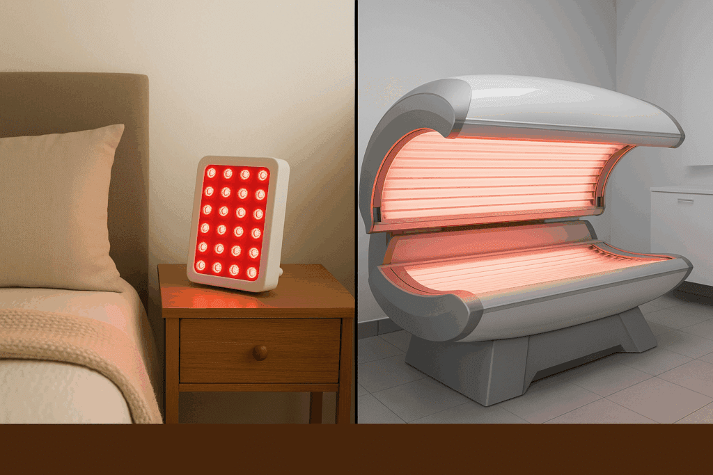 Comparison of Red Light Treatment setups showing a compact at-home device in a bedroom and a large clinical bed in a medical facility.