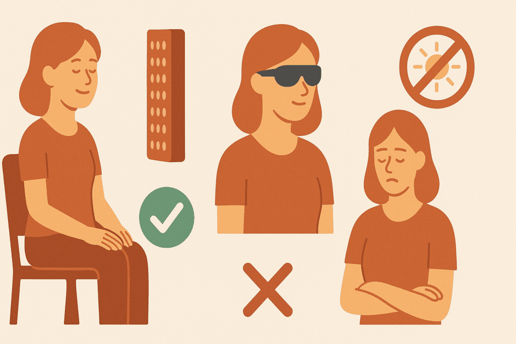 Visual infographic comparing safe and unsafe Red Light Treatment scenarios with icons of people using therapy devices correctly and incorrectly.