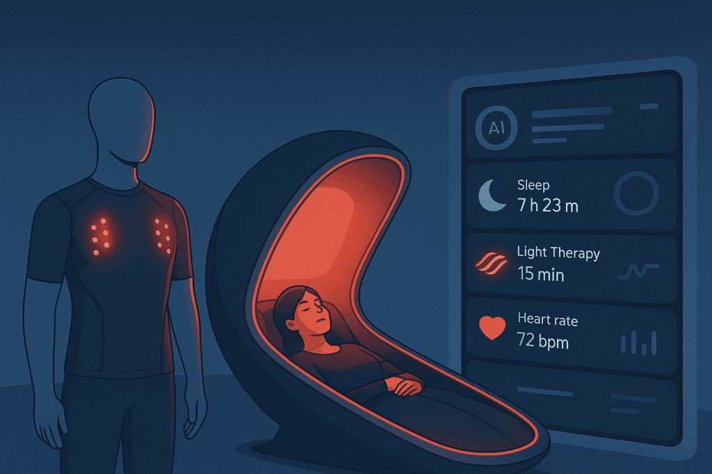 Futuristic home setup featuring wearable Red Light Treatment shirt, red-lit sleep pod, and smart health dashboard in a modern biohacking environment.