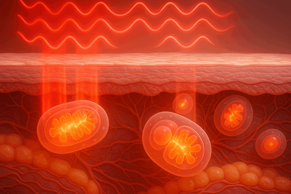Red and near-infrared light waves penetrating human skin layers, stimulating mitochondria for energy production during whole body red light therapy at home