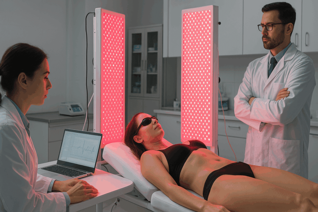 Patient receiving whole body red light therapy at home using full-body LED panels under clinical supervision in a professional medical setting