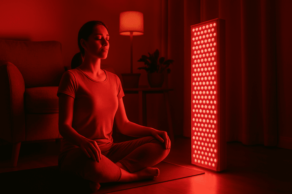 Person practicing whole body red light therapy at home, sitting cross-legged on a yoga mat in a cozy living room illuminated by a red light panel