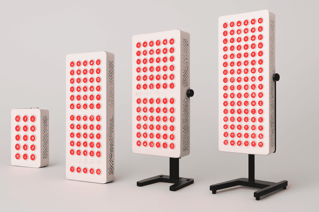 Four different panels for whole body red light therapy at home, varying in size and design with modular stands and red LED lights