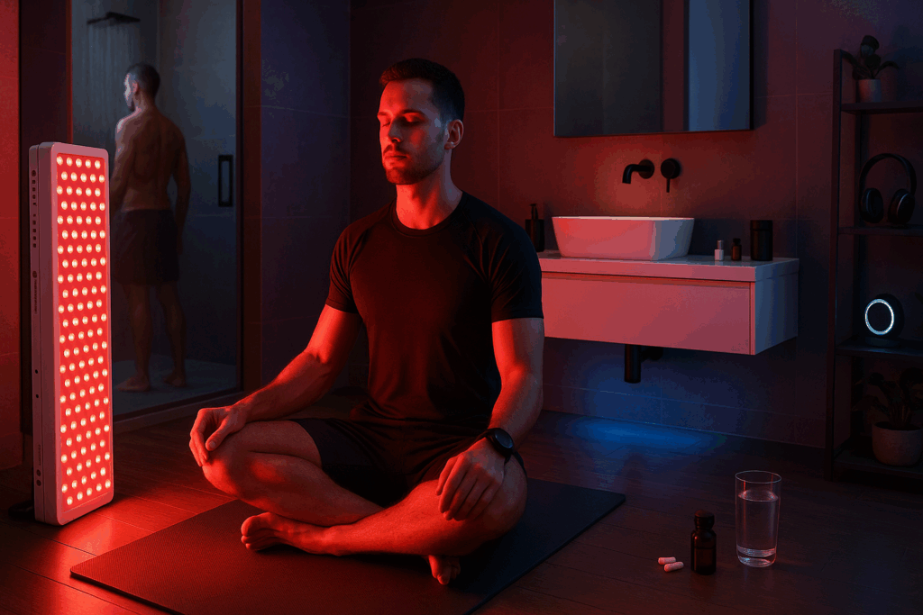 Person practicing whole body red light therapy at home while meditating on a yoga mat, surrounded by supplements and wellness devices in a modern bathroom.