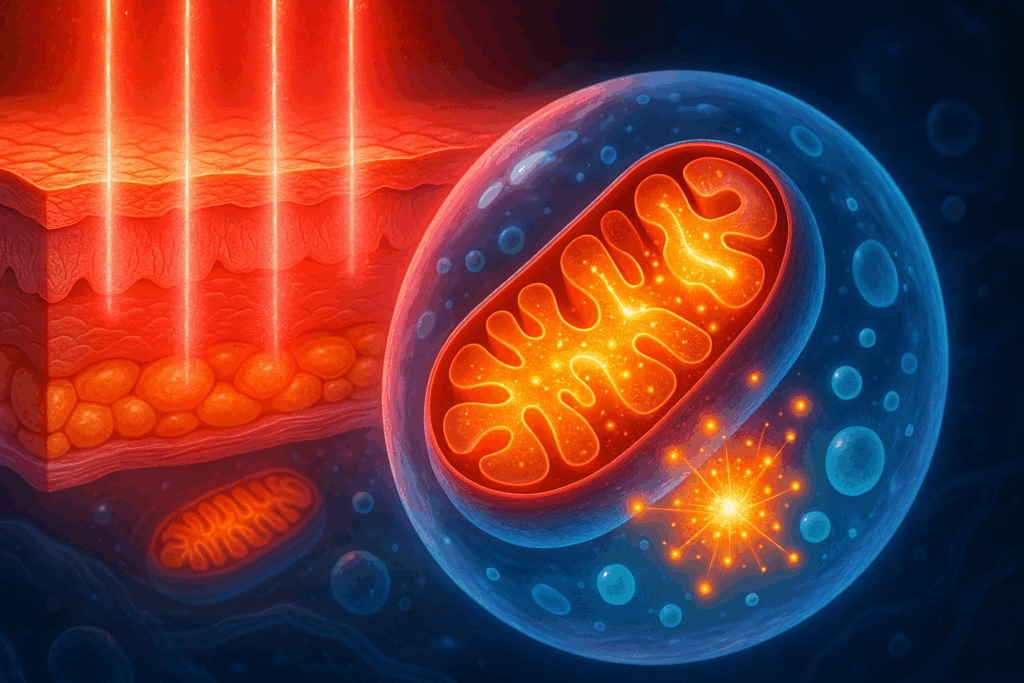 Conceptual illustration of medical grade LED light therapy showing red and near-infrared light penetrating skin layers to energize mitochondria and boost cellular activity