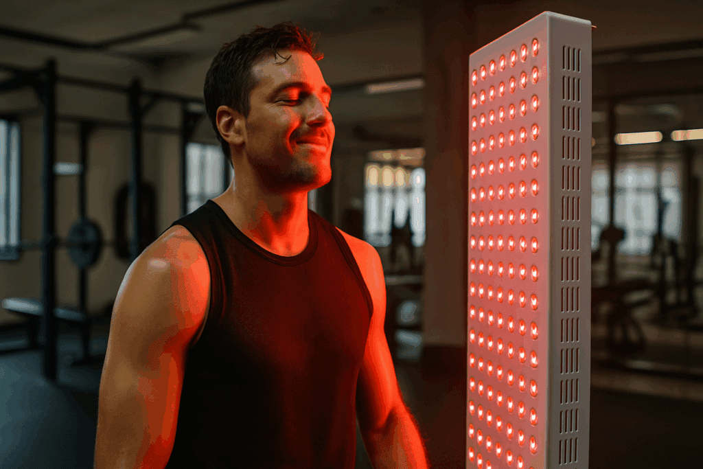 Athlete recovering in a professional sports facility using a medical grade LED light therapy panel after an intense workout