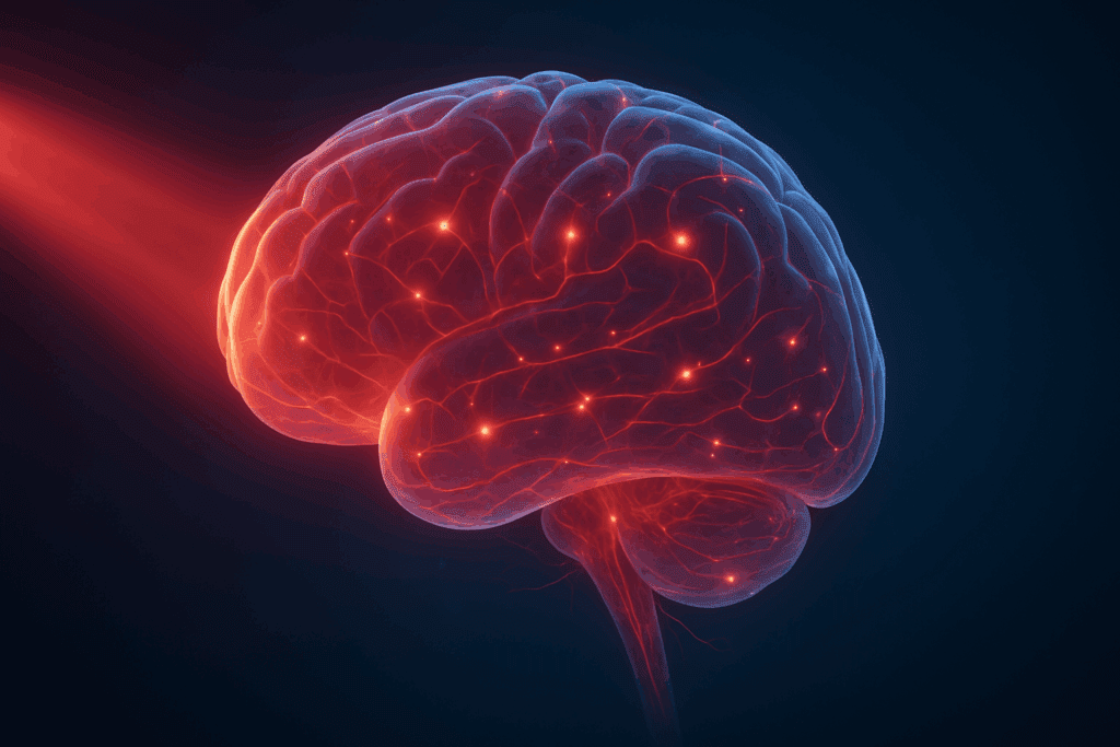 Transparent human brain illuminated with red beams during medical grade LED light therapy, highlighting neural activity and enhanced blood flow.