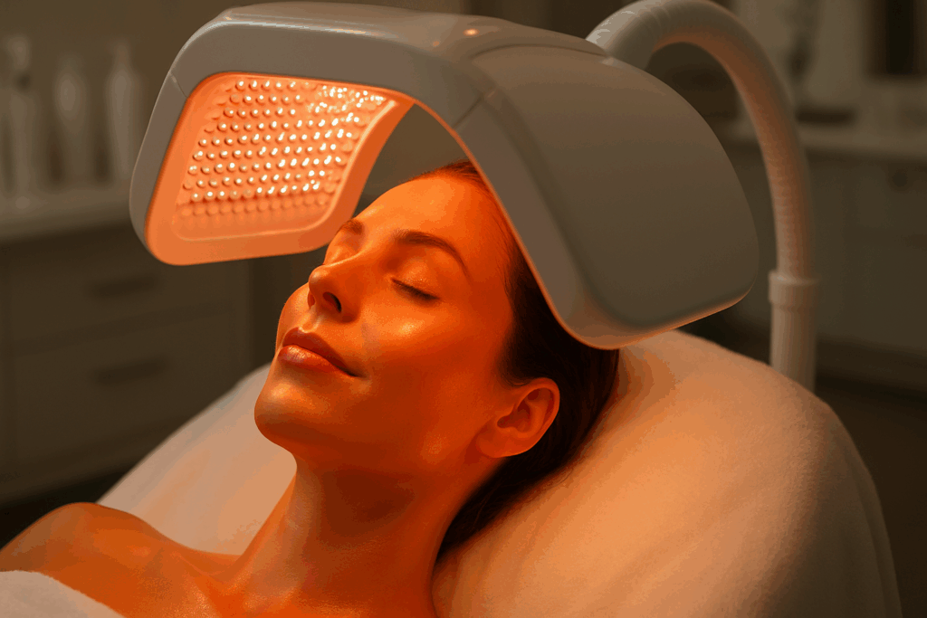 Woman receiving medical grade LED light therapy on her face in a beauty clinic to promote skin rejuvenation and collagen production.
