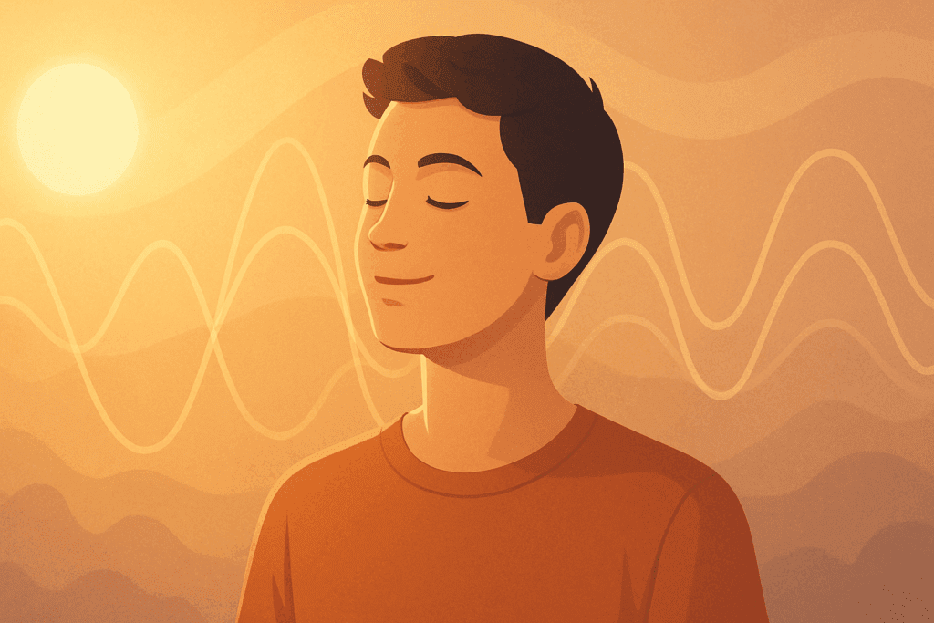 Serene young adult basking in soft morning sunlight with abstract circadian rhythm waves, symbolizing sleep regulation and hormonal balance through medical grade LED light therapy.
