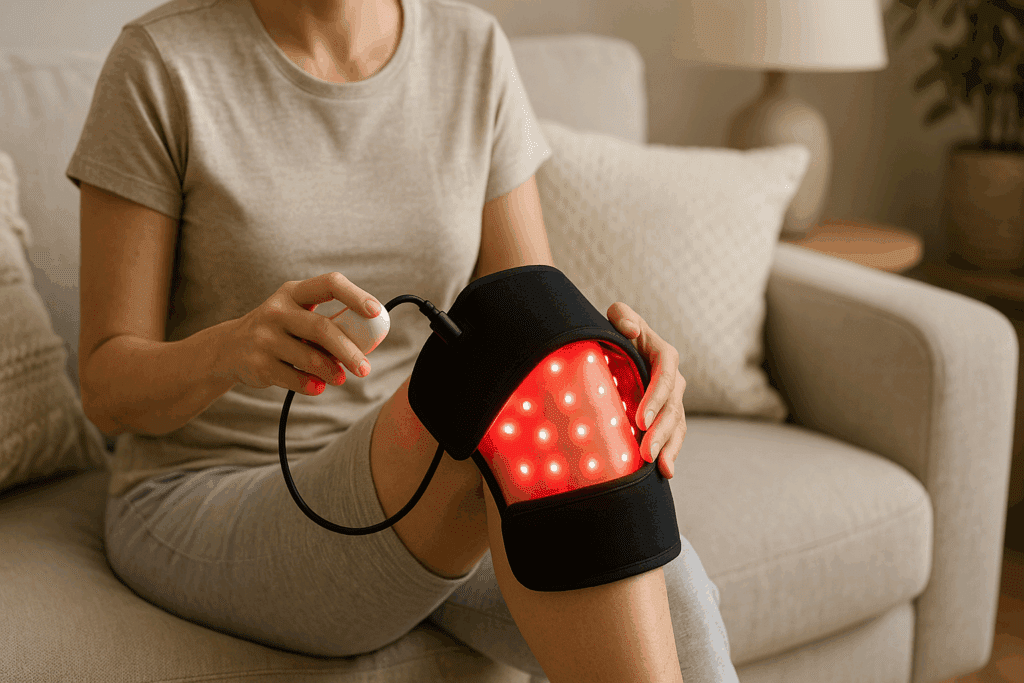 Woman using a medical grade LED light therapy device on her knee for chronic pain relief in a cozy living room