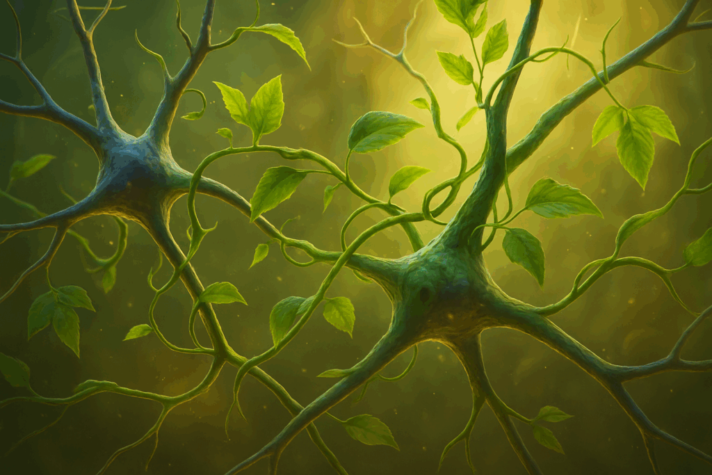 Artistic visualization of neurons intertwined with green plant vines, symbolizing natural brain boosters enhancing cognitive health