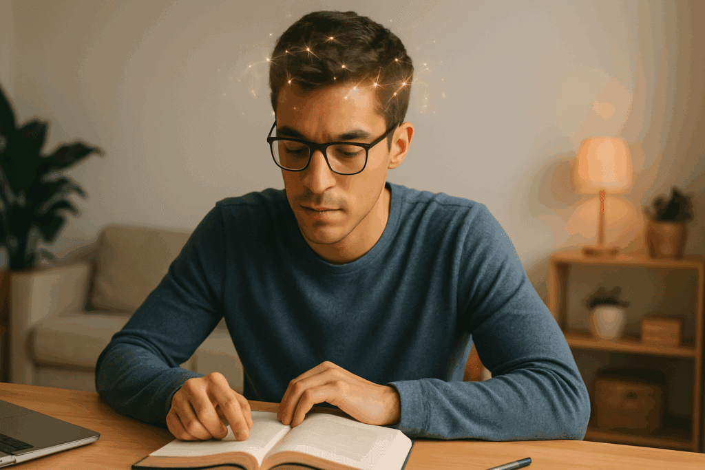 Young man in a cozy, minimalist room deeply focused on reading, with glowing effects around his head symbolizing the impact of brain boosters on concentration.