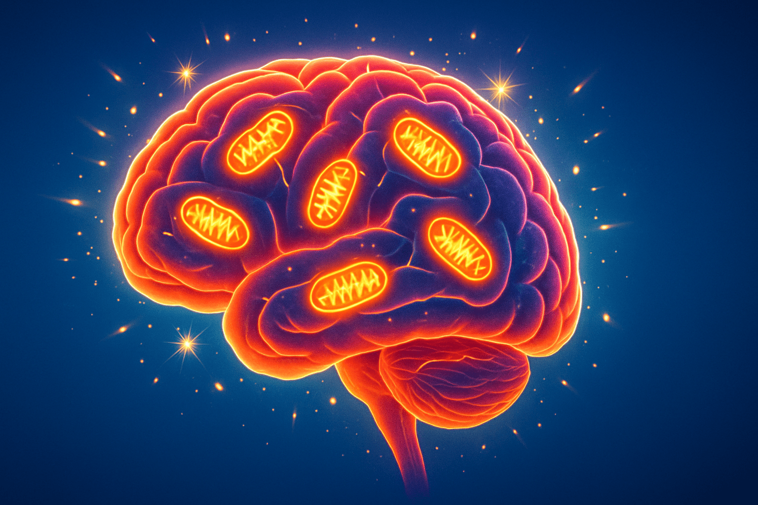 Illustration of a human brain with glowing mitochondria and energy sparks, symbolizing how brain boosters support mental vitality.