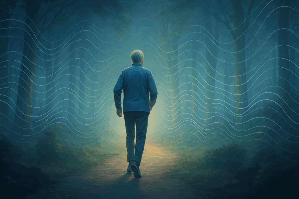 Elderly man walking through a glowing forest path with abstract brainwave patterns, symbolizing healthy aging supported by brain boosters.