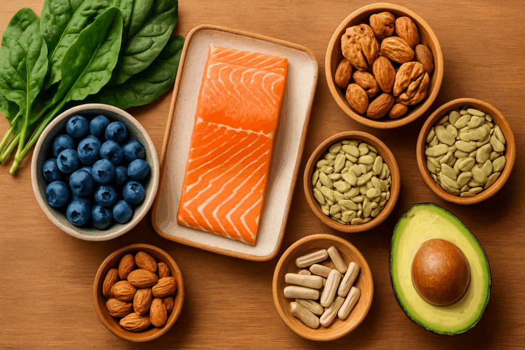 Nutrient-rich foods like salmon, spinach, blueberries, avocado, nuts, seeds, and supplements arranged on a wooden surface to support brain boosters.