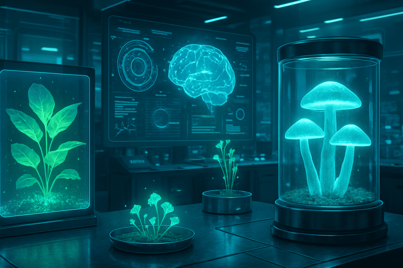Futuristic lab with glowing plants and mushrooms in glass containers, illustrating scientific discovery of natural brain boosters