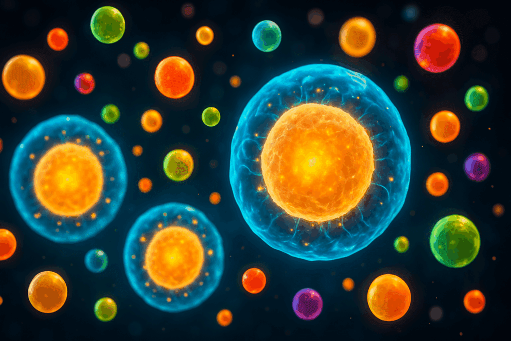 Glowing human cells energized at the microscopic level, surrounded by vitamin molecules symbolizing what are the 3 most important vitamins for cellular function.