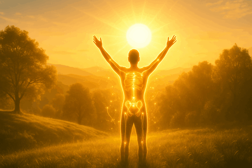 Person standing on a sunny hill with glowing bones and immune system, symbolizing what are the 3 most important vitamins for health