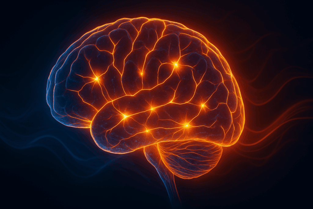 Glowing human brain with electric synapse patterns symbolizing cognitive health and nervous system energy, highlighting what are the 3 most important vitamins.