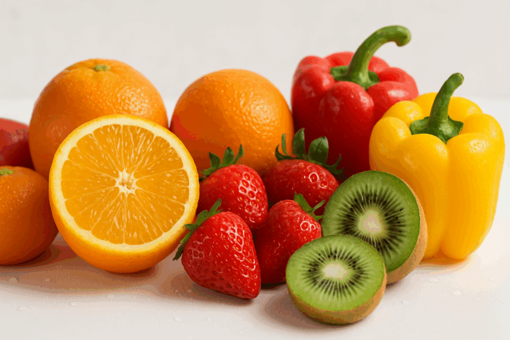 Colorful display of oranges, strawberries, kiwis, and bell peppers rich in vitamin C, illustrating what are the 3 most important vitamins for health.