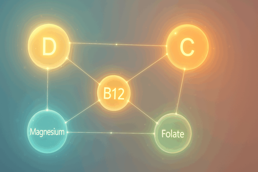 Glowing orbs of vitamin D, B12, C, magnesium, and folate interconnected by luminous lines, visually symbolizing what are the 3 most important vitamins working in synergy.