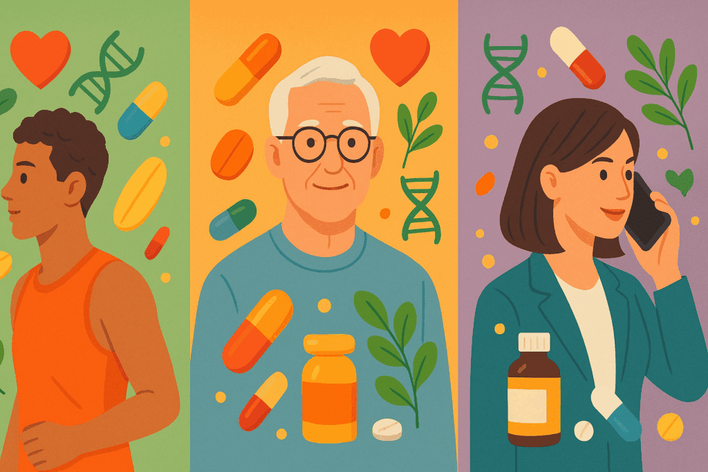 Split-screen illustration of a young athlete, older adult, and busy professional with personalized supplements and health symbols, visualizing what are the 3 most important vitamins for different lifestyles.
