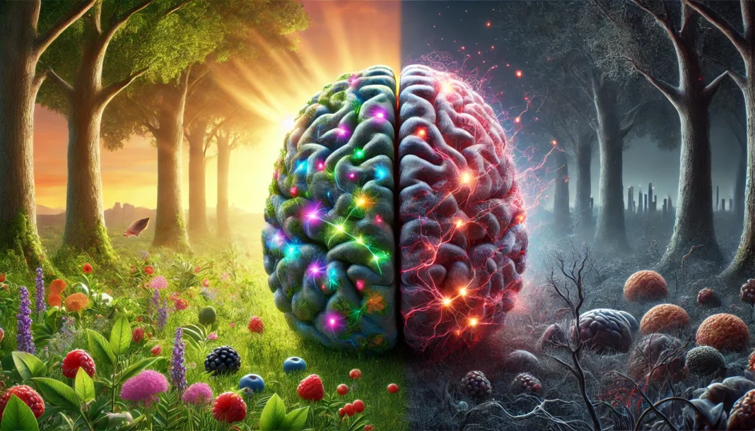 Visual depiction of the human brain with highlighted inflammation and oxidative stress pathways, representing what causes amyloid plaques and cognitive decline.