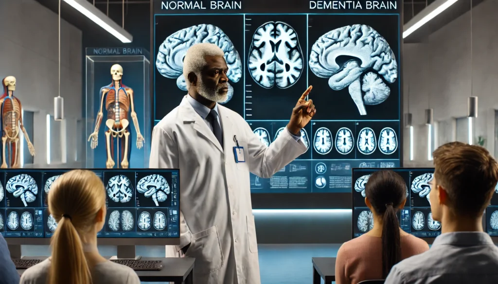 Neurologist teaching dementia brain differences using scan comparisons, illustrating the neurological effects of dementia progression.