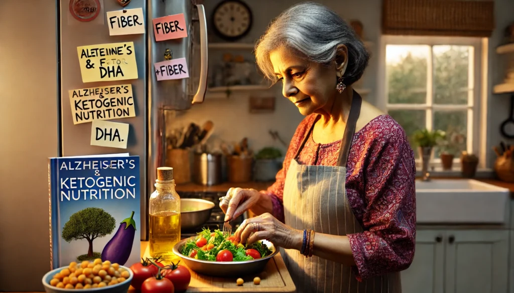 Elderly woman preparing Mediterranean brain-friendly meal, demonstrating how nutrition supports the Alzheimer’s brain’s energy metabolism.
