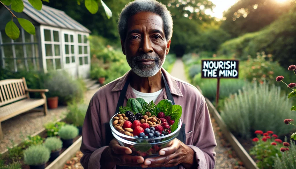 Older man holding brain-healthy food bowl in garden, symbolizing clarity and how nutrition can support cognitive health despite dementia challenges.