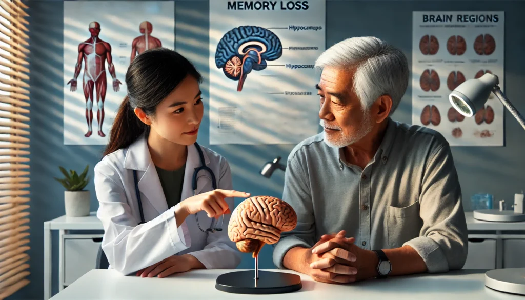 Elderly man reviewing brain model with doctor, highlighting hippocampal damage and how dementia affects specific brain areas.