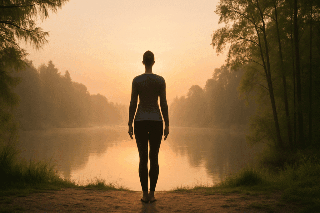 Person in Mountain Pose by a tranquil lake at sunrise, symbolizing breath and balance through easy yoga stretches.