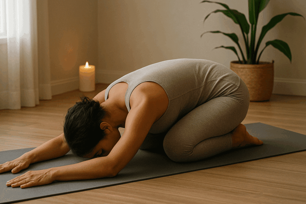 Woman in Child’s Pose on a yoga mat in a peaceful room, demonstrating relaxation through easy yoga stretches.