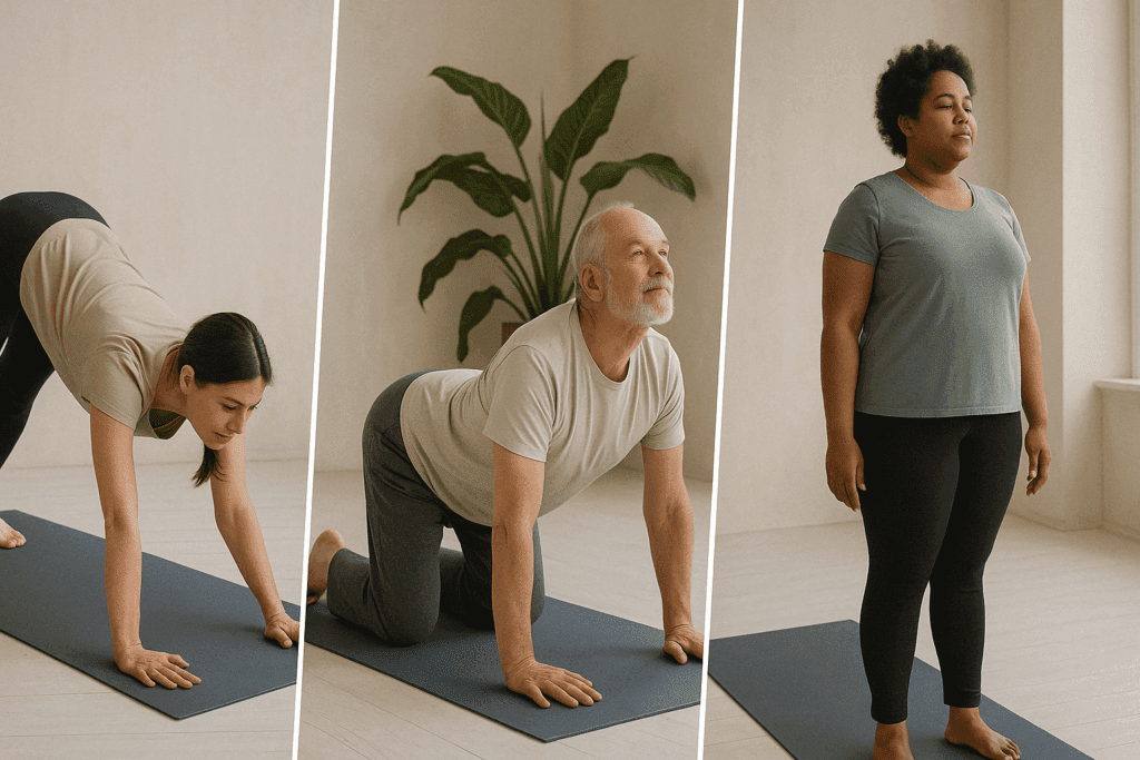 Three people of different body types practicing easy yoga stretches like Downward Dog, Cat-Cow, and Tadasana in calm studio.