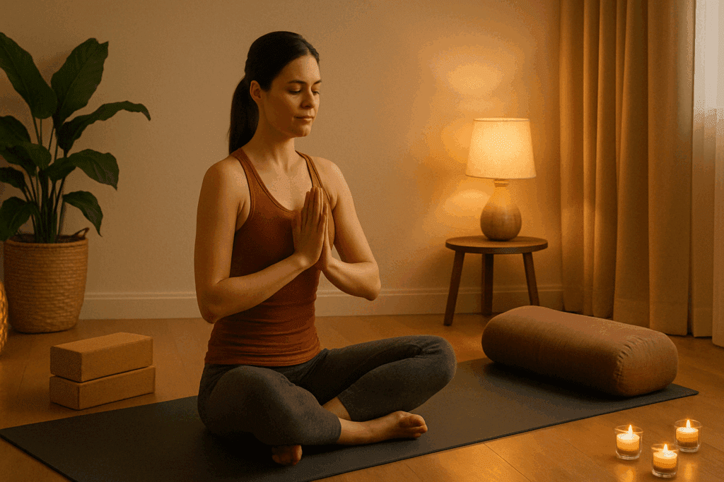 Woman practicing easy yoga stretches in a cozy home space with candles, bolsters, and ambient lighting for a calming routine.