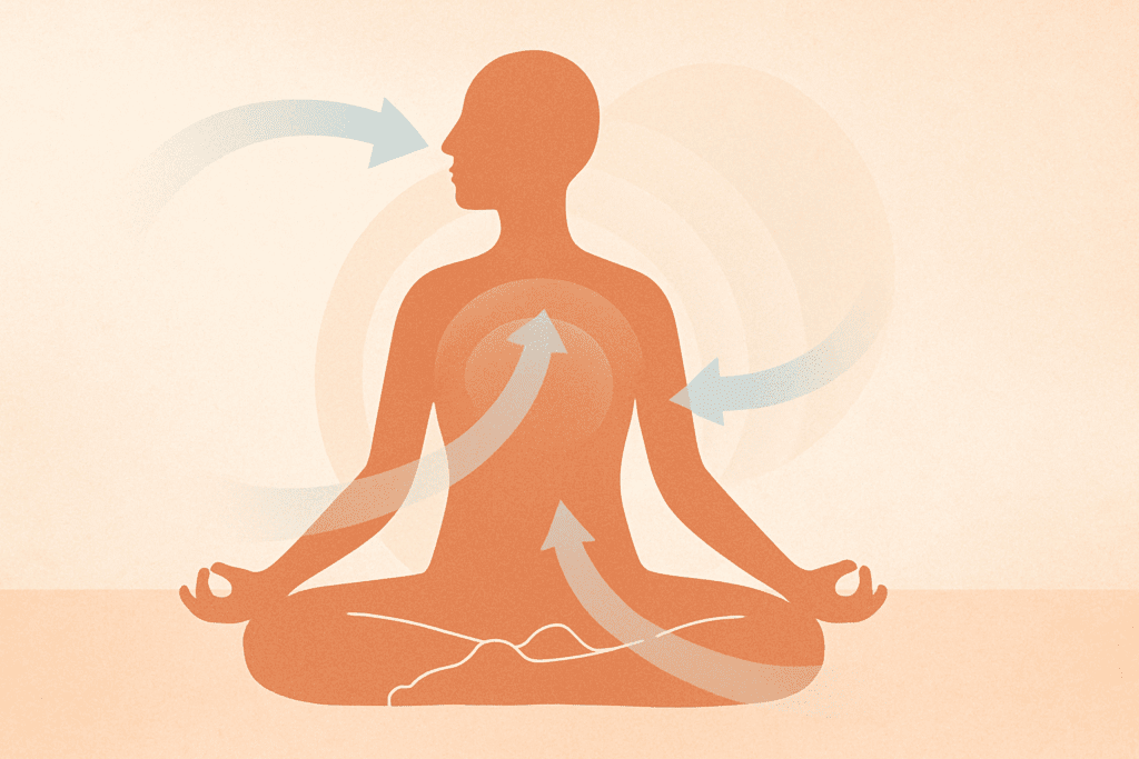 Minimalist diagram of a person practicing easy yoga stretches with flowing arrows illustrating deep breathing and body alignment.